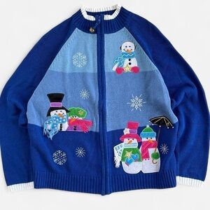Vintage Tiara International Blue Embroidered Christmas Snowman Zippered Cardigan